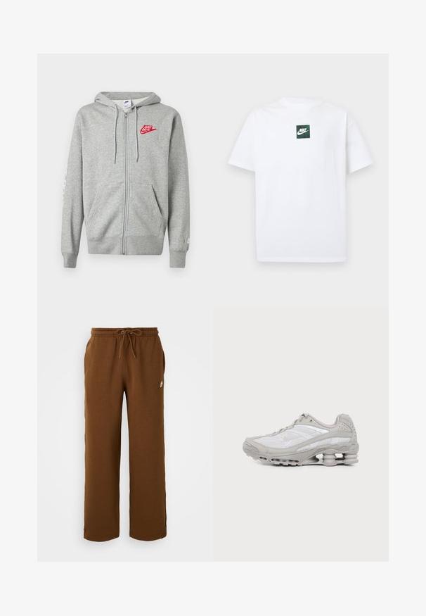 Lichtgrijze hoodie met rits, voorzakken, verstelbare capuchon met trekkoord en een rood "Just Do It" Nike-logo op de linkerborst.; Witte Nike T-shirt met korte mouwen en een klein groen vierkant logo met de Nike swoosh en tekst, gecentreerd op de borst.; Bruine sweatpants van zachte stof, met een elastische tailleband met een trekkoord, zijzakken en een wit logo aan de linkerkant.; Grijze en witte sportschoen met meshpanelen, vetersluiting en een unieke veerachtige zool voor demping en ondersteuning.