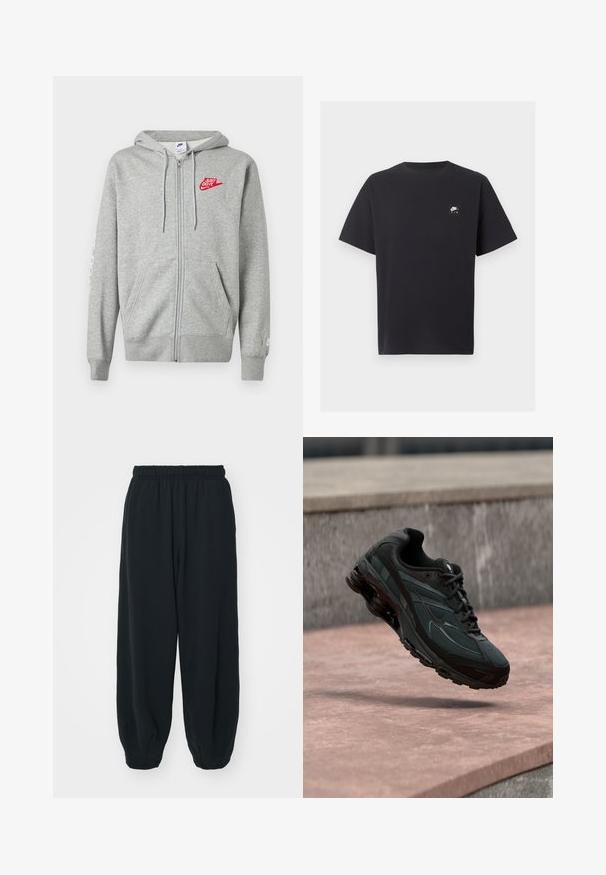 Lysegrå hættejakke med lynlås, forlommer, justerbar snøre i hætten og rød "Just Do It" Nike-logo på venstre bryst.; Sort Nike Air T-shirt med korte ærmer, rund halsudskæring og lille hvidt logo på venstre bryst.; Sorte svedbukser med elastisk talje, løs pasform, afsluttede ankler, glat tekstur og uden synlige mønstre eller hardware-detaljer.; Sort atletisk sneaker med synligt luftdæmpende mellemsål, der svæver over en pink stenoverflade med en grå stenvæg i baggrunden.