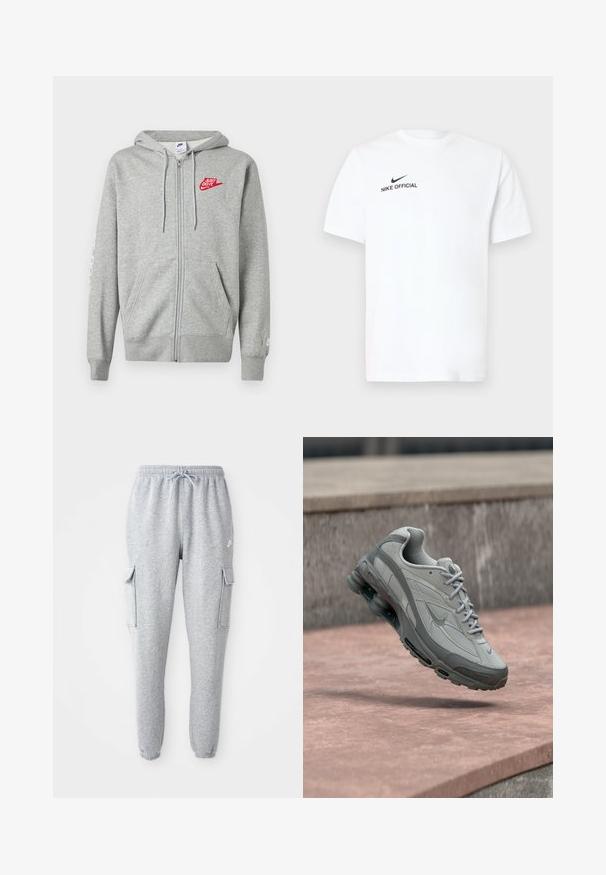 Lysegrå hættejakke med lynlås, forlommer, justerbar snøre i hætten og rød "Just Do It" Nike-logo på venstre bryst.; Hvid bomulds T-shirt med korte ærmer. Har en sort "Nike Official"-logo og en sort swoosh på venstre brystside.; Grå sweatpants lavet af blødt stof, med en elastisk talje med snor, to sidelommer og tapered manchetter.; Grå og hvid Nike-sneaker ophængt over et stentrin med synlig luftpolstring og tekstureret sål.