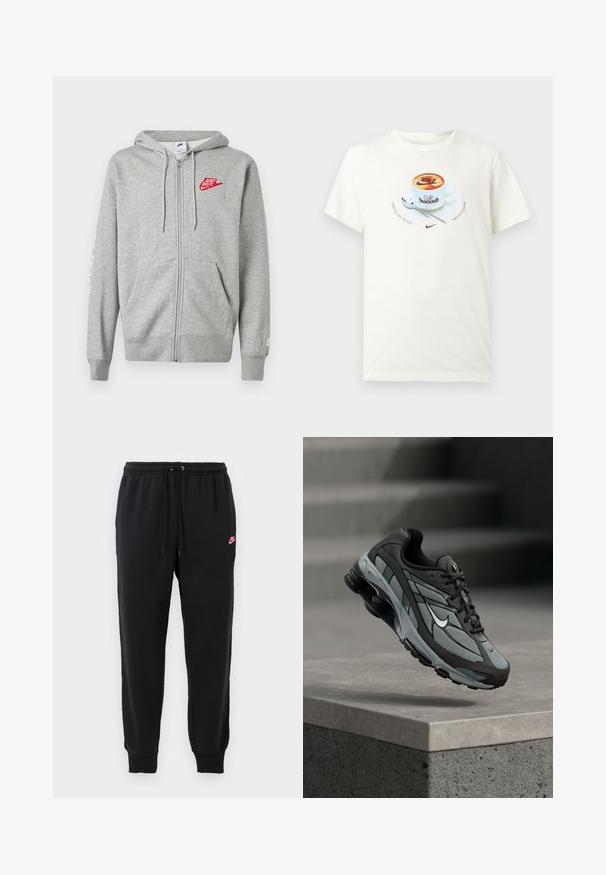 Lysegrå hættejakke med lynlås, forlommer, justerbar snøre i hætten og rød "Just Do It" Nike-logo på venstre bryst.; Hvid T-shirt med grafik af en kaffekop mærket "Café Swoosh," ske på underkop, og Nike-logoer med teksten "Crafted for the sole" og "Nike sportswear."; Sorte svedbukser lavet af blødt stof med elastisk talje, justerbar snøre og et lille pink Nike-logo på venstre side.; Grå og sort atletiksko med meshpaneler og tyk sål, placeret i luften over en betonliste med trapper i baggrunden.
