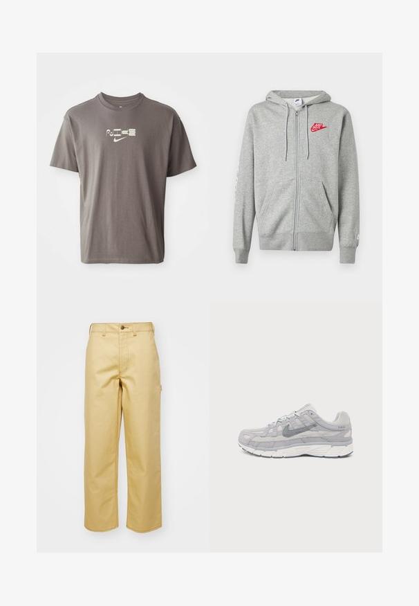 Svetlosivá mikina na zips s prednými vreckami, nastaviteľnou kapucňou so šnúrkami a červeným logom Nike "Just Do It" na ľavej strane hrudníka.; Hnedé tričko s krátkym rukávom a svetlým logom "Nike" potlačeným na prednej strane, s voľným, uvoľneným strihom.; Béžové široké nohavice vyrobené z bavlny s predným zapínaním na gombík, pútkami na opasok a bočnými vreckami. Hladká textúra s viditeľnými švovými detailmi.; Svetlosivá teniska Nike P-6000 s vrchnou časťou z brúseného semišu a sieťoviny, tmavosivým logom Swoosh, bielou podrážkou a šnurovacím dizajnom, zobrazená z boku na bielom pozadí.