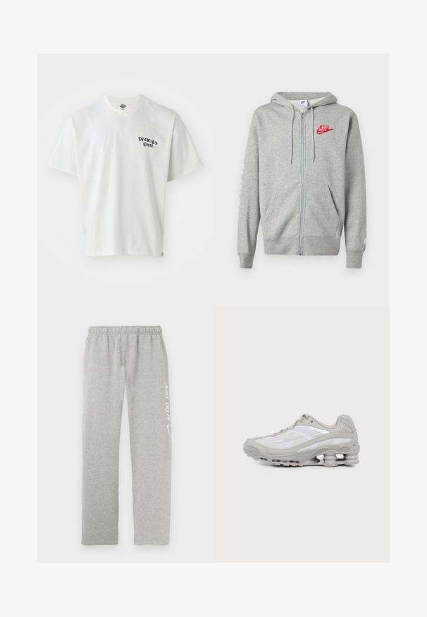 Sweat à capuche gris clair zippé avec poches devant, capuche ajustable à cordon, et logo Nike rouge "Just Do It" sur le côté gauche de la poitrine.; T-shirt blanc à manches courtes en coton avec un col rond. Présente un logo imprimé noir sur la partie gauche de la poitrine et une petite étiquette au bas.; Pantalon de survêtement gris en matériau doux avec une taille élastique. Présente un texte blanc "JUST DO IT" et le logo Nike swoosh sur une jambe.; Baskets de sport grises et blanches avec semelle à coussin d'air visible et panneaux en mesh, présentées de profil sur un fond clair uni.