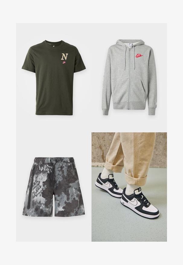 Lichtgrijze hoodie met rits, voorzakken, verstelbare capuchon met trekkoord en een rood "Just Do It" Nike-logo op de linkerborst.; Olijfgroene katoenen t-shirt met korte mouwen, voorzien van een groot, gestileerd "N" logo in beige en een kleine roze Nike swoosh op de borst.; Heren sportshorts met een grijs-zwart abstract camouflagepatroon, elastische tailleband met trekkoord en een met rits afsluitbare zijzak.; Zwart-witte Nike Air Force 1 sneakers met een leren bovenwerk, geperforeerde neus en gestructureerde zooldetails, gedragen met opgerolde beige broek en witte sokken.