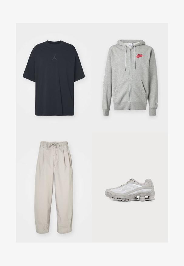 Lysegrå hættejakke med lynlås, forlommer, justerbar snøre i hætten og rød "Just Do It" Nike-logo på venstre bryst.; Sort bomuld T-shirt med løs pasform, rund hals, korte ærmer, med et diskret logo og teksten "AIR" over logoet i centrum.; Beige, lette bukser med elastisk talje og snor. Har plisseringer og en løs pasform, lavet af blødt, glat stof.; Grå og hvid atletiksko med synlig luftpolstret sål og mesh-paneler, vist i profil på en ensartet lys baggrund.