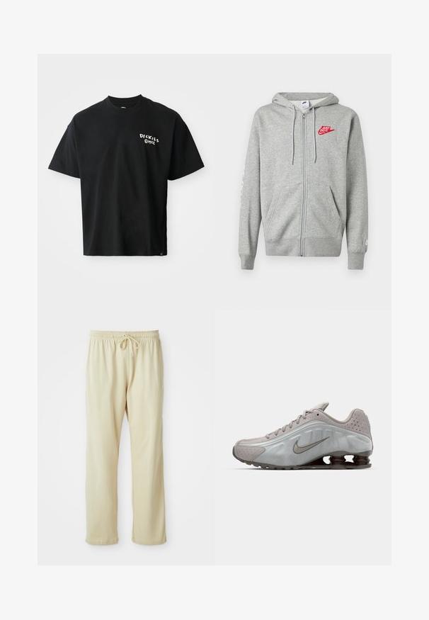 Vaaleanharmaa vetoketjullinen huppari, jossa on etutaskut, säädettävä kiristysnauha hupussa ja vasemmassa rinnassa punainen "Just Do It" - Nike-logo.; Musta lyhythihainen t-paita, joka on valmistettu puuvillasta ja on löysästi istuva. Edessä on valkoinen "Dickies"-logo. Pyöreä kaula-aukko, tasainen väri.; Vaaleanbeige-hiki-housut, joissa on naru vyötäröllä, kapenevat lahkeet ja pehmeä tekstuuri. Alalahkeessa on hillitty tuotemerkin logo.; Nike juoksukengät vaaleanharmaana, pehmeällä pinnalla, kaarevalla muotoilulla ja tummanruskealla näkyvällä vaimennusjousella kantapäässä.