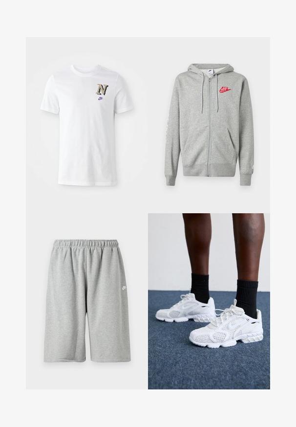 Svetlosivá mikina na zips s prednými vreckami, nastaviteľnou kapucňou so šnúrkami a červeným logom Nike "Just Do It" na ľavej strane hrudníka.; Biela bavlnená tričko s kamuflážovým logom "N" a malým fialovým Nike swooshom na hrudi. Klasický návrh s okrúhlym výstrihom.; Sivé bavlnené kraťasy s elastickým pásom, voľného strihu a malým bielym logom blízko lemu. Hladká textúra, dĺžka nad kolená.; Biele športové topánky s priedušnou sieťovinou, textúrovanými akcentmi a polstrovanou podrážkou. Kombinované s čiernymi rebrovanými členkovými ponožkami na modrom kobercovom povrchu.