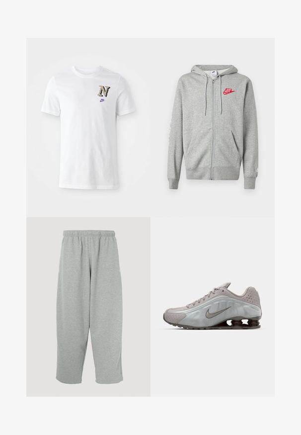 Svetlosivá mikina na zips s prednými vreckami, nastaviteľnou kapucňou so šnúrkami a červeným logom Nike "Just Do It" na ľavej strane hrudníka.; Biela bavlnená tričko s kamuflážovým logom "N" a malým fialovým Nike swooshom na hrudi. Klasický návrh s okrúhlym výstrihom.; Svetlosivé tepláky s elastickým pásom, zúženým strihom nohavíc a mäkkou textúrou. Bez viditeľného loga alebo vzorov.; Běžecká obuv Nike ve světle šedé barvě s hladkým povrchem, zakřiveným designem a viditelnými odpružovacími pružinami v tmavě hnědé barvě na patě.
