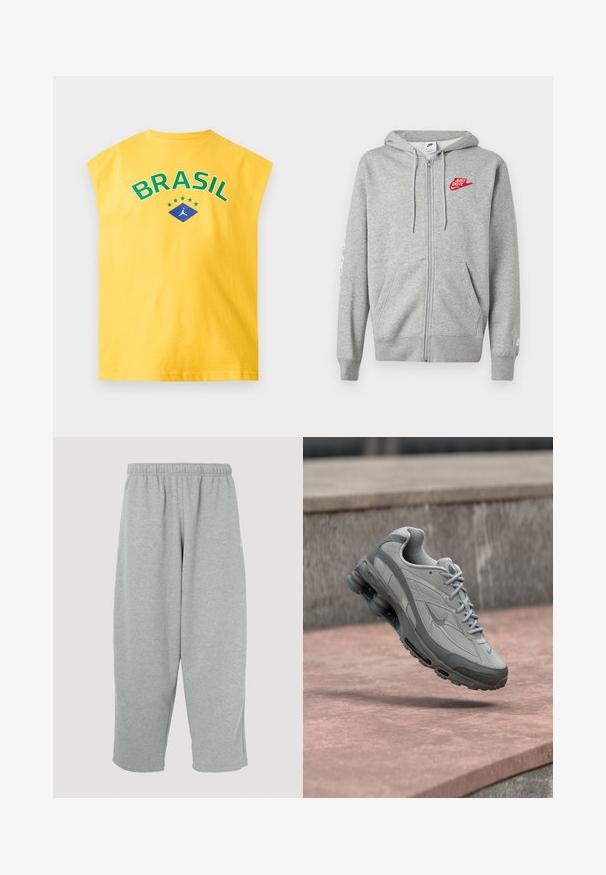 Sweat à capuche gris clair zippé avec poches devant, capuche ajustable à cordon, et logo Nike rouge "Just Do It" sur le côté gauche de la poitrine.; T-shirt jaune sans manches avec « BRASIL » en vert au-dessus de six étoiles et un losange bleu avec un logo en silhouette blanche.; Pantalon de survêtement gris clair avec une ceinture élastique, une coupe fuselée des jambes et une texture douce. Aucun logo ou motif visible.; Baskets Nike grises et blanches suspendues au-dessus d'une marche en pierre avec un amorti visible à air et une semelle texturée.