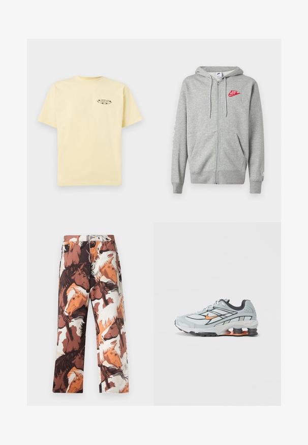 Lichtgrijze hoodie met rits, voorzakken, verstelbare capuchon met trekkoord en een rood "Just Do It" Nike-logo op de linkerborst.; Geel katoenen t-shirt met korte mouwen en een ronde halslijn, met een bedrukt grafisch logo op de linkerborst.; Broek met een herhaald patroon van paardenhoofden in tinten bruin, wit en oranje, gemaakt van een gladde stof met een rechte pijp.; Lichtgrijze hardloopschoen met zwarte accenten, oranje logo, bovenwerk van mesh, gevoerde kraag en rubberen zool met zichtbare schokabsorberende elementen.