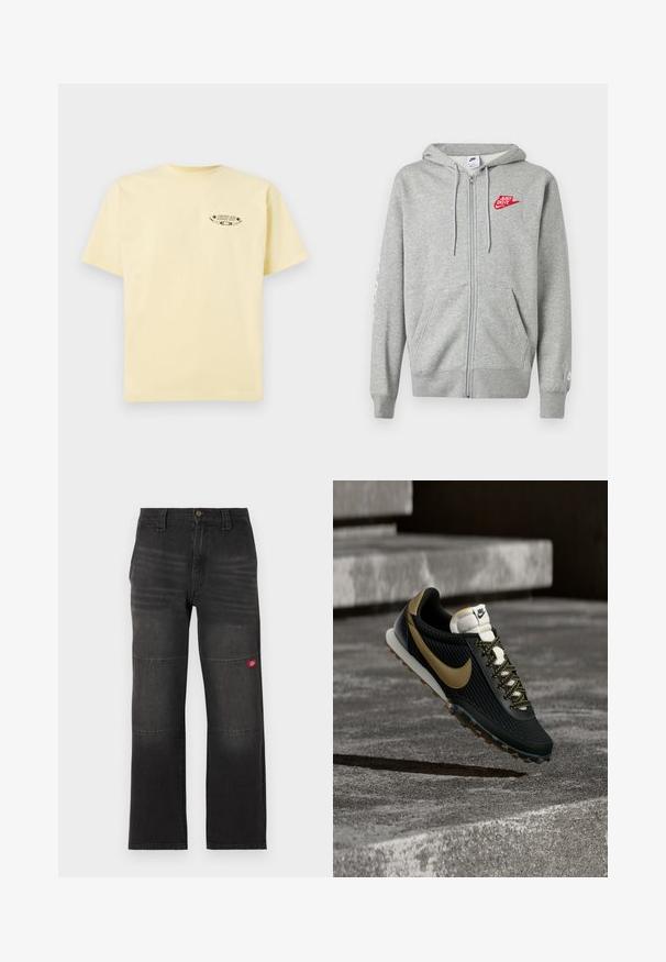 Sweat à capuche gris clair zippé avec poches devant, capuche ajustable à cordon, et logo Nike rouge "Just Do It" sur le côté gauche de la poitrine.; T-shirt en coton jaune avec des manches courtes et un col rond, comportant un logo graphique imprimé sur la partie gauche de la poitrine.; Pantalon de travail en denim noir avec panneaux doubles aux genoux et petit patch logo rouge sur la jambe droite, coupe droite et taille avec fermeture à boutons.; Chaussure de course Nike noire et dorée avec une tige texturée et des lacets à motifs flottant au-dessus d'une surface en béton rugueuse et des marches.