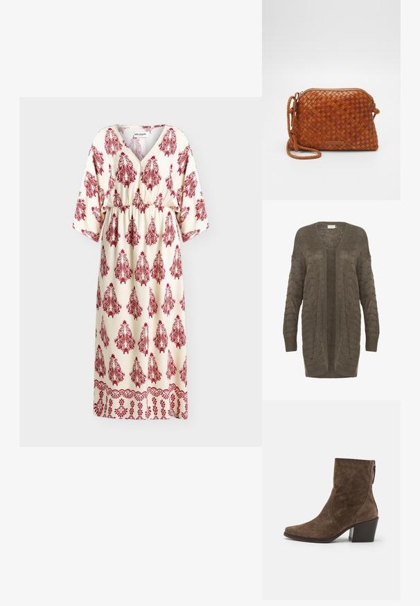 Cardigan en tricot couleur vert olive avec une coupe ample, un décolleté en V profond et un motif texturé. Doté d'un devant ouvert et de manches longues. Matière douce.; Robe midi crème avec motifs cachemire rouges, col en V, taille froncée et manches amples longueur coude.; Bottes à chevilles en suede marron avec un bout pointu, une fermeture éclair sur le côté et un talon épais. Présente une texture lisse et des détails de couture minimalistes.; Sac en cuir tressé marron en bandoulière avec une fermeture éclair, de forme arrondie et une poignée tressée. Il présente une petite plaque logo rectangulaire.