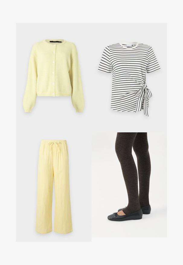 Cardigan jaune et duveteux avec un col rond, des manches longues et une fermeture à boutons sur le devant avec cinq boutons ronds blancs.; Chemise blanche à manches courtes avec des rayures horizontales noires et un détail de nœud noué sur le côté droit près de la taille.; Pantalon jaune ample avec des rayures blanches verticales et une taille élastique dotée d'un cordon noué.; Jambes portant des leggings côtelés foncés associés à des ballerines noires avec de petits détails en nœud sur fond blanc.
