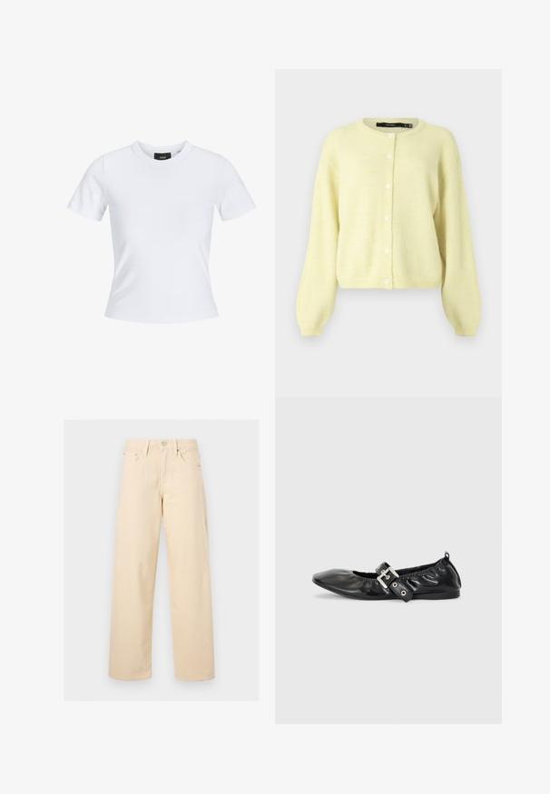 Gul, blød cardigan med rund halsudskæring, lange ærmer og frontlukning med fem runde hvide knapper.; Hvid tætsiddende t-shirt med korte ærmer, rund halsudskæring og et lille sort mærke indeni kraven.; Beige bukser med lige ben med frontknap og lynlås, bæltestropper og fem-lommer design på en ensfarvet lys baggrund.; Sorte læder flade sko med spids tå, samling detaljer omkring åbningen, og en sølv spænde accent på den justerbare rem.