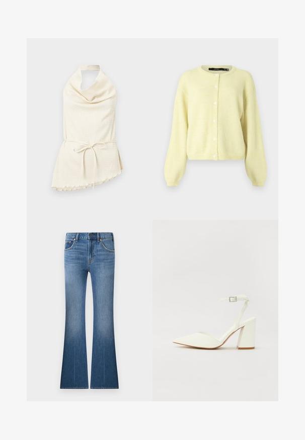 Cardigan jaune et duveteux avec un col rond, des manches longues et une fermeture à boutons sur le devant avec cinq boutons ronds blancs.; Haut crème sans manches à col licou avec décolleté drapé et ceinture nouée à la taille, en tissu légèrement texturé avec un ourlet asymétrique.; Jean en denim bleu taille haute, avec poches avant, fermeture à bouton et glissière, et jambes évasées.; Sandale blanche à talon avec un bout pointu, sangle de cheville réglable et un talon carré épais. Texture lisse avec des détails de couture minimaux.