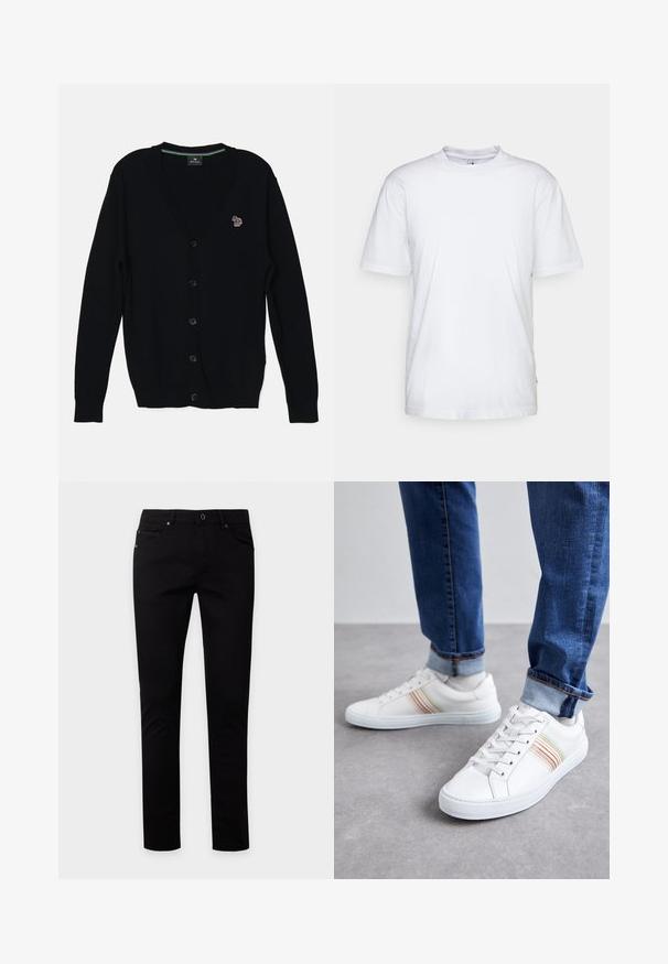 PS Paul Smith MENS CARDIGAN BUTTON THRU - Cardigan - black; Hvid bomulds t-shirt med rund hals, korte ærmer og lige kant. Har et lille mærke på den venstre sidesøm.; Sorte slim-fit jeans med knap- og lynlåslukning, for- og baglommer, vist på en ensfarvet lys baggrund.; Hvide lædersneakers med multicolore striber, snørebåndsdesign, gummisål og polstret krave, parret med blå denimjeans.