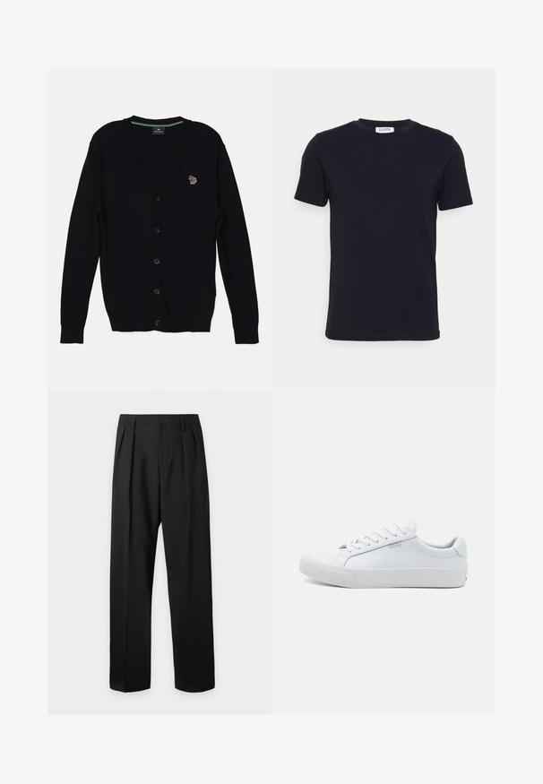 PS Paul Smith MENS CARDIGAN BUTTON THRU - Gilet - black; T-shirt noir à manches courtes avec un col ras-du-cou, muni d'une petite étiquette blanche à l'intérieur du col.; Pantalon noir taille haute, sur-mesure, avec passants pour ceinture, plis sur le devant, fermeture par bouton et jambes droites larges sur fond clair.; Baskets blanches en cuir avec une finition lisse, design bas, bout rond et semelle plate en caoutchouc. Dotées de lacets plats et d'une signalétique minimale.