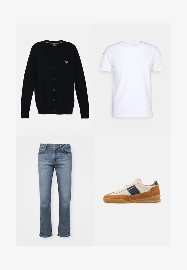 PS Paul Smith MENS CARDIGAN BUTTON THRU - Strickjacke - black; Weißes T-Shirt mit kurzen Ärmeln aus Baumwollstoff und rundem Halsausschnitt. Schlichtes Design ohne Muster oder Akzente. Glatte Textur.; Blaue Jeans bestehen aus Denim, haben einen geraden Bein-Design, ein Fünf-Taschen-Stil und einen Knopfverschluss mit kontrastierenden Nähten.; PS Paul Smith DOVER - Sneaker low - cognac/off-white