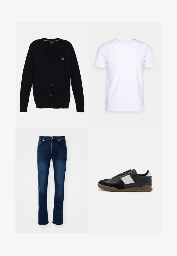 PS Paul Smith MENS CARDIGAN BUTTON THRU - Strickjacke - black; Weißes T-Shirt mit kurzen Ärmeln aus Baumwollstoff und rundem Halsausschnitt. Schlichtes Design ohne Muster oder Akzente. Glatte Textur.; Dunkelblaue Jeans aus Denim im geraden Schnitt, mit einem klassischen Fünf-Taschen-Design und dezenten Nähdetails.; Schwarze Leder- und Wildledersneaker mit einem grauen Einsatz, brauner Gummisohle und blauen Akzenten an der Ferse. Mit Schnürsenkeln und geprägtem Logo.