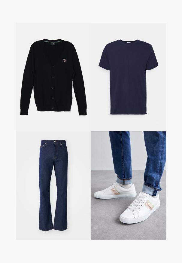 PS Paul Smith MENS CARDIGAN BUTTON THRU - Vest - black; Navyblauwe T-shirt met korte mouwen van zachte stof. Heeft een ronde hals en een rechte snit zonder patronen of accenten.; Flared donkerblauwe jeans gemaakt van denim. Beschikt over vijf zakken, een ritssluiting aan de voorkant en een metalen knoopsluiting. Klassieke stikselaccenten.; Witte leren sneakers met meerkleurige strepen, vetersluiting, rubberen zool en gevoerd kraagje, gecombineerd met blauwe spijkerbroek.