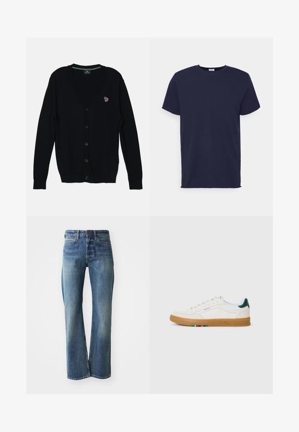 PS Paul Smith MENS CARDIGAN BUTTON THRU - Vest - black; Navyblauwe T-shirt met korte mouwen van zachte stof. Heeft een ronde hals en een rechte snit zonder patronen of accenten.; Denim jeans in een licht tot gemiddeld blauwe kleur, met een recht gesneden pijp, klassiek vijf-pocket ontwerp en subtiele vervaging aan de voorkant.; Witte leren sneaker met geperforeerd ontwerp, gumrubberen zool, groene hielaccent en kleurrijke streepdetails aan de zijkant.