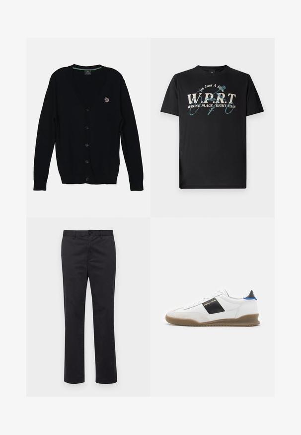PS Paul Smith MENS CARDIGAN BUTTON THRU - Gilet - black; T-shirt en coton noir avec un texte graphique blanc et teal qui indique "W.P.R.T. WRONG PLACE RIGHT TIME", avec un col rond et des manches courtes.; Pantalons en coton noir avec une coupe droite, dotés d'une fermeture à bouton et de passants de ceinture. Texture lisse, sans motifs ni accents visibles.; Basket blanche avec des accents noirs et bleus, dessus en suède et cuir, bout rond, semelle plate en caoutchouc, et détail de marque dorée sur le côté.