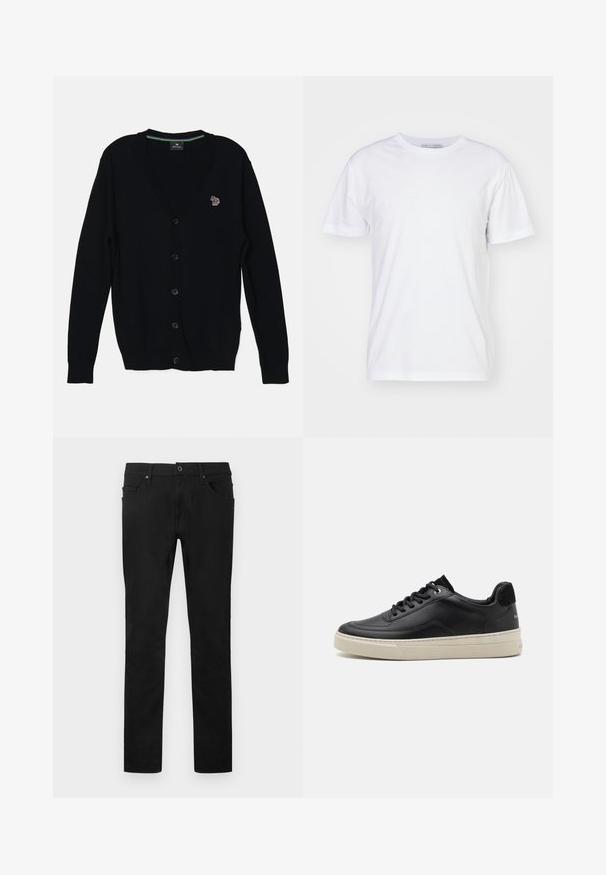 PS Paul Smith MENS CARDIGAN BUTTON THRU - Neuletakki - black; Valkoinen puuvillapaita, jossa on pyöreä pääntie, lyhyet hihat ja suora leikkaus. Ilman kuvioita tai koristeita, sileä pinta ja yksinkertainen muotoilu.; Mustat suorat housut, joissa on etukappaleen nappi ja vetoketju, vyölenkit ja viiden taskun malli valkoisella taustalla.; Musta nahkakengät matalalla profiililla, jossa on kerma värinen kumipohja, pyöreä varvas ja nauhakiinnitys, korostettuna mustalla mokkanahkakengän kantapäällä.