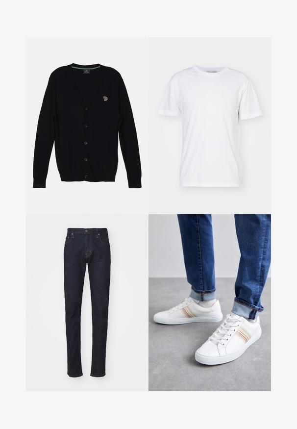 PS Paul Smith MENS CARDIGAN BUTTON THRU - Chaqueta de punto - black; Camiseta de algodón blanca con escote redondo, mangas cortas y corte recto. Sin patrones ni adornos, textura suave y diseño sencillo.; Jeans de denim azul oscuro con un corte slim, diseño de cinco bolsillos y cierre de botón. Presenta costuras en contraste y un corte de pierna recta.; Zapatillas de cuero blancas con rayas multicolores, diseño de cordones, suela de goma y cuello acolchado, combinadas con jeans de mezclilla azul.