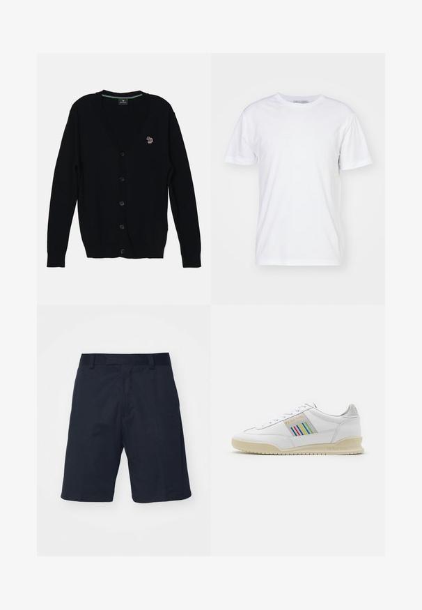 PS Paul Smith MENS CARDIGAN BUTTON THRU - Vest - black; Witte katoenen T-shirt met een ronde hals, korte mouwen en een rechte snit. Geen patronen of versieringen, gladde textuur en eenvoudig ontwerp.; Zwarte short gemaakt van een gladde stof, met een vlakke voorkant, riemlussen en een knielange snit zonder zichtbare patronen of hardware.; Witte leren sneaker met een crèmewitte zool, meerkleurige strepenaccenten aan de zijkant en 'PS Paul Smith' merknaam in het goud.