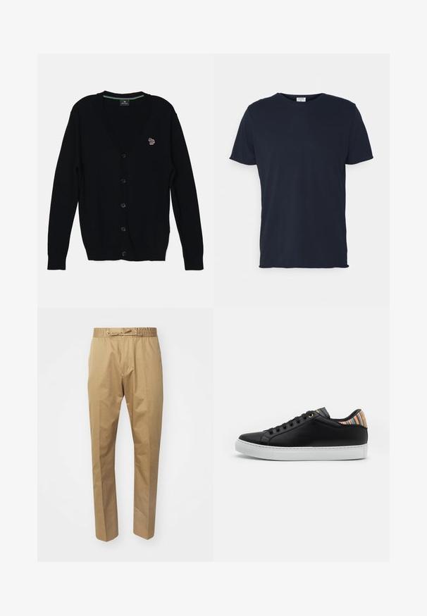 PS Paul Smith MENS CARDIGAN BUTTON THRU - Vest - black; Navyblauwe katoenen t-shirt met ronde hals en korte mouwen, met een gladde textuur en eenvoudig ontwerp, zonder zichtbare patronen of accenten.; Beige broeken met een elastische tailleband en verstelbare trekker. Glad oppervlak, rechte pijpen en een minimalistisch ontwerp.; Zwarte leren sneaker met een witte rubberen zool, voorzien van een gestreepte multicolor accent aan de hiel en een zwarte vetersluiting met gouden oogjes.