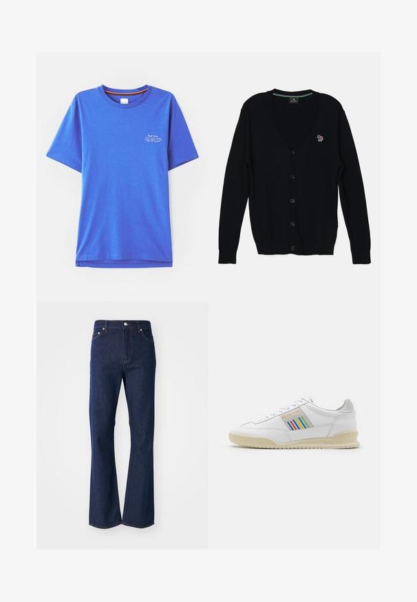 PS Paul Smith MENS CARDIGAN BUTTON THRU - Neuletakki - black; Sininen puuvillapaita lyhyillä hihoilla, pyöreällä kaula-aukolla, jossa on valkoista tekstiä painettuna vasemmassa yläkulmassa. Sileä rakenne ja rento istuvuus.; Tumman siniset farkut, joissa on leveät lahkeet, valmistettu denimistä. Varustettu viidellä taskulla, edessä vetoketjulla ja metallisella nappisuljennalla. Klassiset ompelusaumat korostavat tyyliä.; Valkoiset nahkakengät, joissa on kermaisa pohja, moniväriset raitakoristeet sivuilla ja "PS Paul Smith" -brändäys kultaisena.