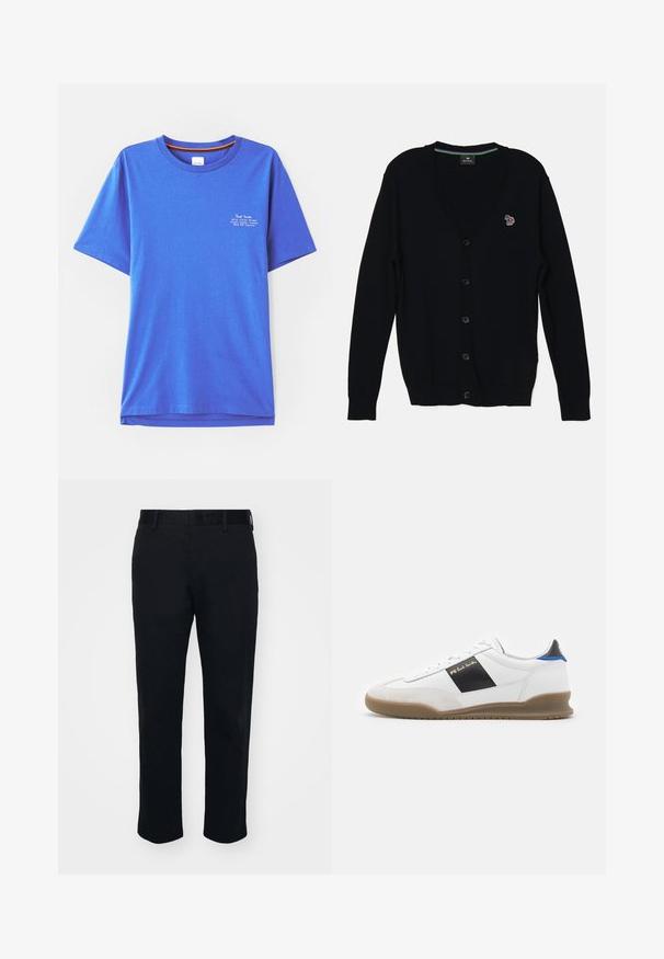 PS Paul Smith MENS CARDIGAN BUTTON THRU - Vest - black; Blauwe katoenen t-shirt met korte mouwen, ronde hals, met witte bedrukte tekst op de bovenkant links. Glad textuur en een ontspannen pasvorm.; Zwarte broek met een rechte pijpdesign, gemaakt van een gladde stof. Bevat een tailleband en riemlussen, zonder zichtbare zakken of patronen.; Witte sneaker met zwarte en blauwe accenten, bovenwerk van suède en leer, ronde neus, platte rubberen zool en gouden merkteken aan de zijkant.