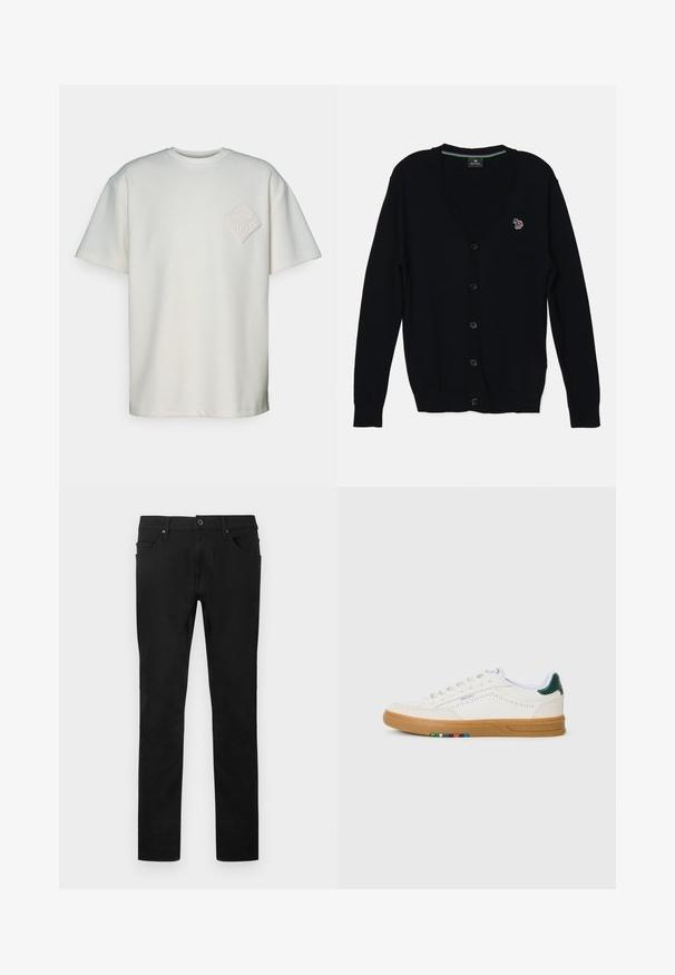 PS Paul Smith MENS CARDIGAN BUTTON THRU - Gilet - black; T-shirt à manches courtes en coton blanc cassé, avec un patch en diamant texturé et un design en relief sur la poitrine gauche.; Pantalon noir à jambe droite avec bouton et fermeture éclair à l'avant, passants pour ceinture et design à cinq poches sur fond blanc.; Baskets en cuir blanc avec design perforé, semelle en caoutchouc translucide, accent de talon vert et détail à rayures colorées sur le côté.