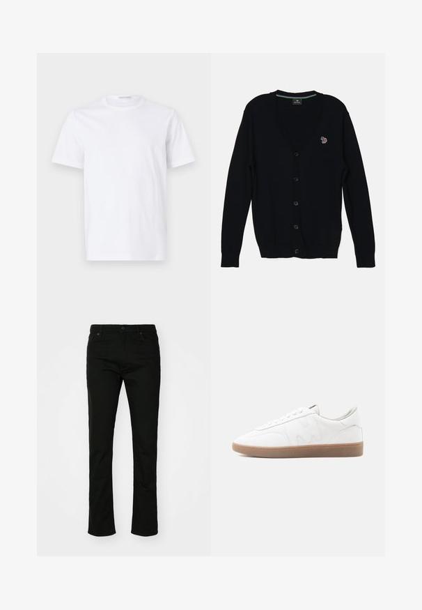 PS Paul Smith MENS CARDIGAN BUTTON THRU - Cardigan - black; Hvid bomulds t-shirt med rund halsudskæring og korte ærmer. Glat tekstur, lige snit og minimalistisk design uden mønstre eller accenter.; Sorte denim jeans med lige ben design, fem lomme-stil og knaplukning. Glat tekstur med subtile stikninger detaljer.; Hvid lav sneaker med gummisål i naturfarve, syninger og snørebånd på neutral baggrund.
