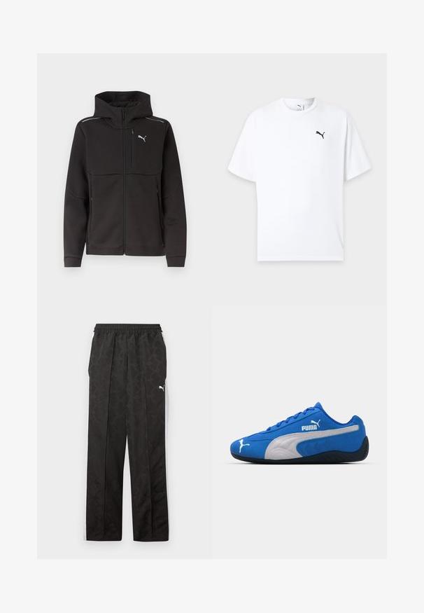 Zwarte hooded jas met volledige rits, borstzak met rits, zijritszakken, reflecterende strepen op de schouders en wit Puma-logo op de borst.; Witte T-shirt met korte mouwen en ronde hals met een klein zwart Puma-logo op de linkerborst tegen een lichte achtergrond.; Zwarte sportbroek met subtiel patroon, witte zijstrepen, elastische tailleband en een wit Puma-logo op de bovenkant van de dij.; Blauwe sportieve schoenen met een bovenkant van suède, voorzien van een witte zijkant en een zwarte rubberen zool. Inclusief een verhoogd PUMA-logo aan de zijkant.