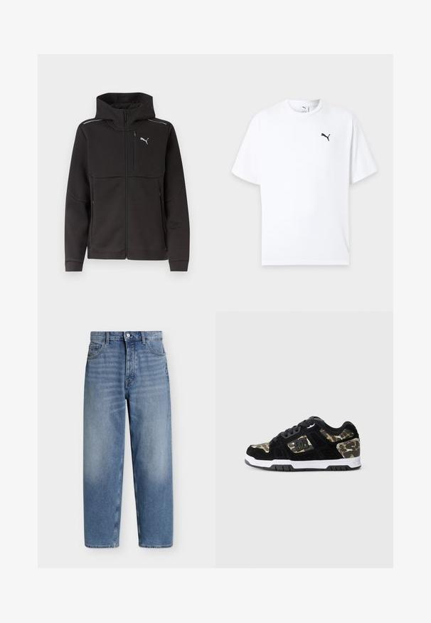 Chaqueta negra con capucha y cremallera completa, con bolsillo con cremallera en el pecho, bolsillos laterales con cremallera, franjas reflectantes en los hombros y logotipo blanco de Puma en el pecho.; Camiseta blanca de manga corta con cuello redondo y un pequeño logo negro de Puma en el pecho izquierdo sobre un fondo claro.; Vaqueros azul claro de corte recto con cierre frontal de botón y cremallera, bolsillos delanteros y traseros, y un sutil desgaste en los muslos.; Zapatilla de ante negra con patrón de camuflaje en el lateral, media suela blanca y suela exterior de goma negra. Presenta cordones y detalle del logo en el lateral.