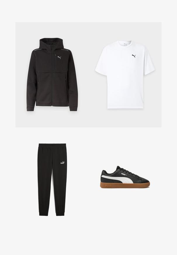 Sort hættejakke med fuld lynlås, brystlynlåslomme, sidelommer med lynlås, reflekterende striber på skuldrene og hvidt Puma-logo på brystet.; Hvid t-shirt med korte ærmer og rund hals med en lille sort Puma-logo på venstre bryst mod en lys baggrund.; Sorte sweatpants lavet af blødt stof, med en elastisk talje, sidelommer og et hvidt Puma-logo på venstre side.; Sort lædersneaker med en hvid Puma-stribe, brun gummisål og klassisk snøre-design. Har Puma-logo på siden og tungen.