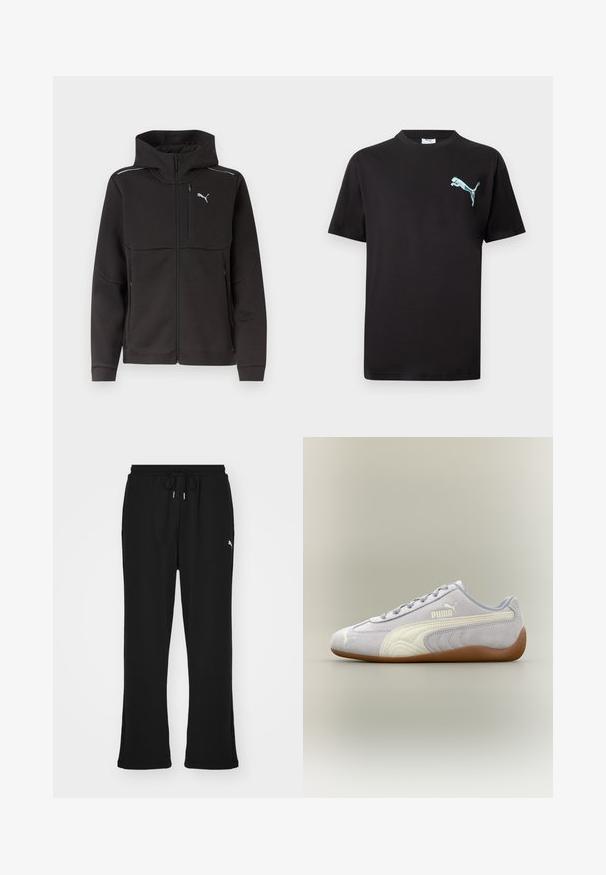 Chaqueta negra con capucha y cremallera completa, con bolsillo con cremallera en el pecho, bolsillos laterales con cremallera, franjas reflectantes en los hombros y logotipo blanco de Puma en el pecho.; Camiseta negra de manga corta con un pequeño logotipo de Puma en azul claro en el pecho izquierdo sobre fondo blanco.; Pantalones de chándal negros con cintura elástica y cordón, con bolsillos laterales y un sutil logo en la pierna izquierda. Tela suave, forma acampanada.; Zapatilla de deporte Puma de ante gris claro con detalle de raya blanca y suela de goma, vista desde el lateral exterior sobre un fondo neutro.