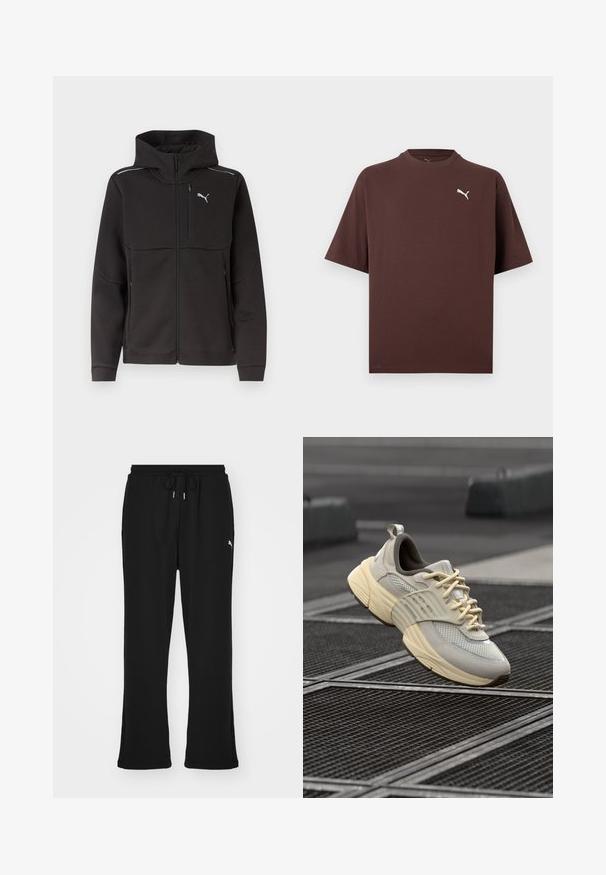 Sort hættejakke med fuld lynlås, brystlynlåslomme, sidelommer med lynlås, reflekterende striber på skuldrene og hvidt Puma-logo på brystet.; Brun T-shirt med korte ærmer og rund hals med lille hvid Puma-logo på venstre bryst mod en hvid baggrund.; Sorte sweatpants med elastisk talje og snor, med sidelommer og et diskret logo på venstre ben. Blødt stof, flagrende form.; Beige mesh sneakers med lysegrå accenter, tekstureret sål og flade snørebånd, med en polstret krave og en formet gummisål.