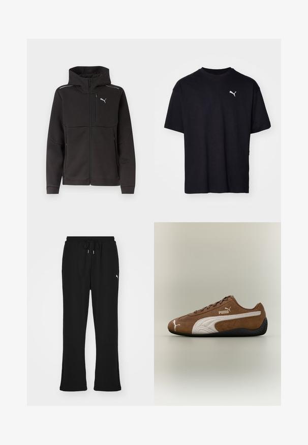Chaqueta negra con capucha y cremallera completa, con bolsillo con cremallera en el pecho, bolsillos laterales con cremallera, franjas reflectantes en los hombros y logotipo blanco de Puma en el pecho.; Camiseta de algodón negra de manga corta, con escote redondo y un logo blanco de Puma en la parte superior izquierda del pecho. Corte clásico, textura suave.; Pantalones de chándal negros con cintura elástica y cordón, con bolsillos laterales y un sutil logo en la pierna izquierda. Tela suave, forma acampanada.; Zapatilla de ante marrón con detalles en blanco y diseño texturizado. Cuenta con una suela de goma negra y un prominente logo de Puma en el lateral.