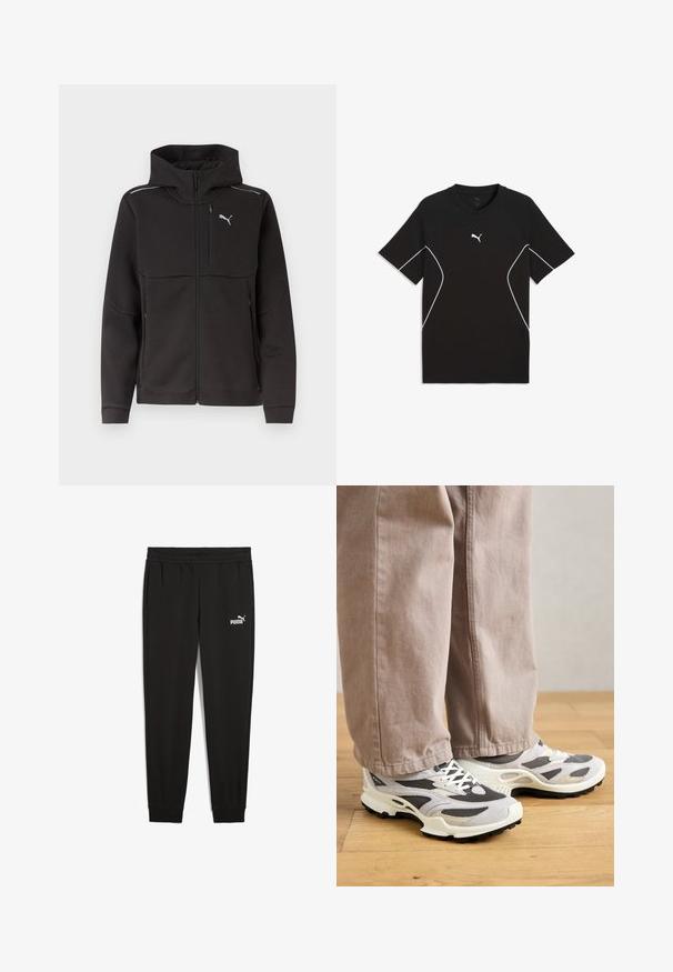 Sort hættejakke med fuld lynlås, brystlynlåslomme, sidelommer med lynlås, reflekterende striber på skuldrene og hvidt Puma-logo på brystet.; Sort atletik t-shirt med hvide detaljer, rund halsudskæring, korte ærmer og glat stof. Har Puma-logo på brystet.; Sorte sweatpants lavet af blødt stof, med en elastisk talje, sidelommer og et hvidt Puma-logo på venstre side.; En person iført beige bredbukser og grå-hvide sportsko står på et trægulv.