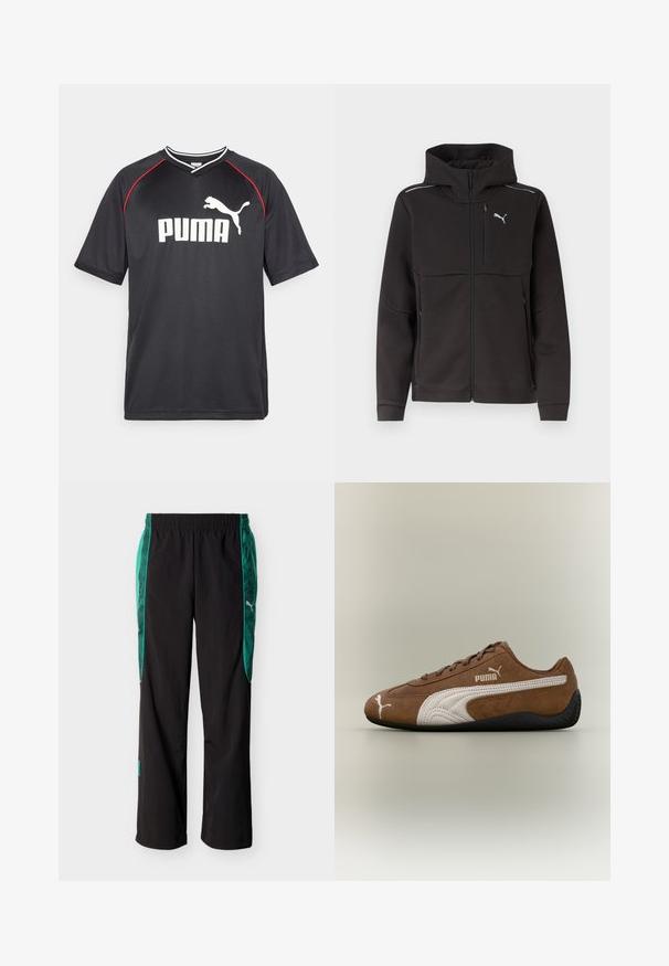 Čierna bunda s kapucňou na plný zips, s vreckom na zips na hrudi, bočnými vreckami na zips, reflexnými pásikmi na pleciach a bielym logom Puma na hrudi.; Čierne športové tričko Puma s krátkymi rukávmi, biele logo, červené akcenty na pleciach a výstrih v tvare V. Vyrobené z ľahkého materiálu.; Čierne športové nohavice so zelenými vzorovanými bočnými panelmi a elastickým pásom, s bielym logom Puma na pravej strane.; Hnedá semišová teniska s bielymi akcentmi a textúrovaným dizajnom. Má čiernu gumovú podrážku a výrazné logo Puma na boku.