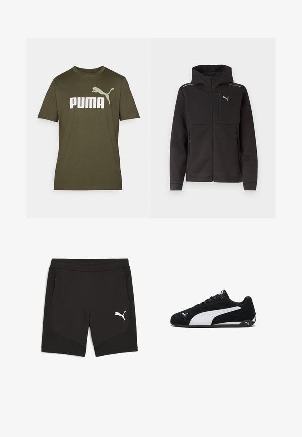 Zwarte hooded jas met volledige rits, borstzak met rits, zijritszakken, reflecterende strepen op de schouders en wit Puma-logo op de borst.; Olijfgroene katoenen T-shirt met een groot wit "PUMA" logo en een springende puma graphic op de linkerschouder. Korte mouwen, ronde hals.; Zwarte sportshorts met een textuurzijpaneel, voorzien van twee voorzakken met rits en een wit Puma-logo op de linker bovenbeen.; Zwarte suède sportschoenen met een witte zijstreep, witte merkaccenten, een platte zwarte zool en zwarte veters.