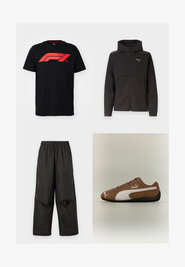 Sort hættejakke med fuld lynlås, brystlynlåslomme, sidelommer med lynlås, reflekterende striber på skuldrene og hvidt Puma-logo på brystet.; Sort bomulds T-shirt med et stort rødt Formula 1-logo på forsiden. Rund halsudskæring og korte ærmer, glat tekstur.; Sorte løstsiddende bukser med elastisk taljebånd, frontlommer med lynlås, knæpaneler og subtile reflekterende detaljer på siderne.; Brun ruskindsneaker med hvide accenter og tekstureret design. Har en sort gummisål og et fremtrædende Puma-logo på siden.