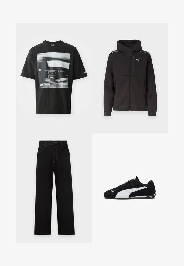Zwarte hooded jas met volledige rits, borstzak met rits, zijritszakken, reflecterende strepen op de schouders en wit Puma-logo op de borst.; Zwarte katoenen T-shirt met een grafische print met tekst elementen, waaronder "FORMULA 1 RACING" en "P1". Ronde hals en korte mouwen.; Zwarte denim broek met een recht model, voorzien van voorzakken, contrasterende gele stiksels en een knoopsluiting bij de taille.; Zwarte suède sportschoenen met een witte zijstreep, witte merkaccenten, een platte zwarte zool en zwarte veters.