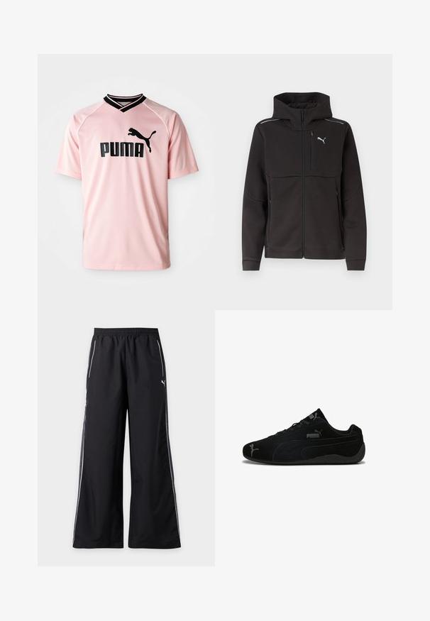 Čierna bunda s kapucňou na plný zips, s vreckom na zips na hrudi, bočnými vreckami na zips, reflexnými pásikmi na pleciach a bielym logom Puma na hrudi.; Ružová športová košeľa vyrobená z priedušnej tkaniny. Obsahuje čierny výstrih do V a čierne logo Puma na prednej strane. Krátke rukávy s textúrovaným dizajnom.; Čierne široké športové nohavice s bielym lemovaním po stranách a elastickým pásom, s malým logom Puma na pravom stehne.; Čierne semišové športové topánky s nízkym profilom. Majú textúrovaný dizajn, čiernu gumovú podrážku a strieborné akcenty loga Puma.