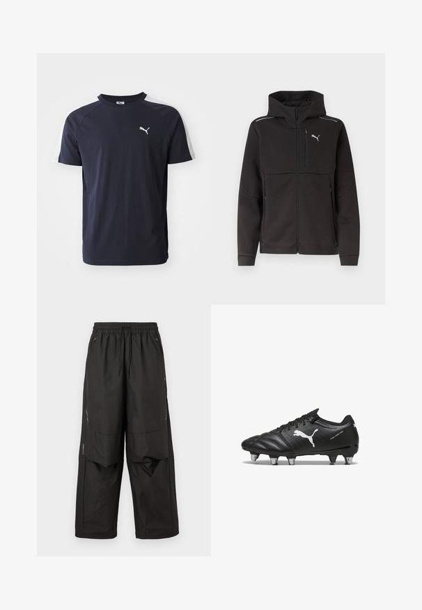 Sort hættejakke med fuld lynlås, brystlynlåslomme, sidelommer med lynlås, reflekterende striber på skuldrene og hvidt Puma-logo på brystet.; Mørkeblå kortærmet t-shirt i letvægtsbomuld med hvide raglanærmer og et lille hvidt Puma-logo på brystet.; Sorte løstsiddende bukser med elastisk taljebånd, frontlommer med lynlås, knæpaneler og subtile reflekterende detaljer på siderne.; Sorte fodboldstøvler med tekstureret materiale, hvidt Puma-logo, snørebåndslukning og metalstifter for godt greb. Designet understreger ydeevne og støtte.