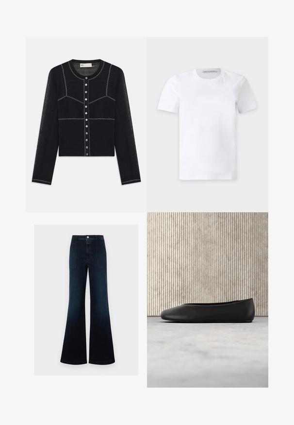 Μαύρο πλέ knitted cardigan με στρογγυλή λαιμόκοψη, μακριά μανίκια και αντίθετη λευκή ραφή. Διαθέτει κουμπιά μπροστά και ριμπ υφή.; Απλό λευκό κοντομάνικο t-shirt με στρογγυλή λαιμόκοψη και μικρή ετικέτα του brand στο εσωτερικό του γιακά που γράφει "Tiger of Sweden."; Σκούρα μπλε τζιν φαρδιάς γραμμής με ψηλή μέση, μπροστινές τσέπες με πάπλωμα, κλείσιμο με κουμπί και χωρίς εμφανείς φθορές ή διακοσμητικά.; Μαύρο δερμάτινο μπαλαρίνι με στρογγυλή μύτη, λεία υφή και χρυσό λογότυπο στο πλάι. Τοποθετημένο πάνω σε μια ανακλαστική επιφάνεια.