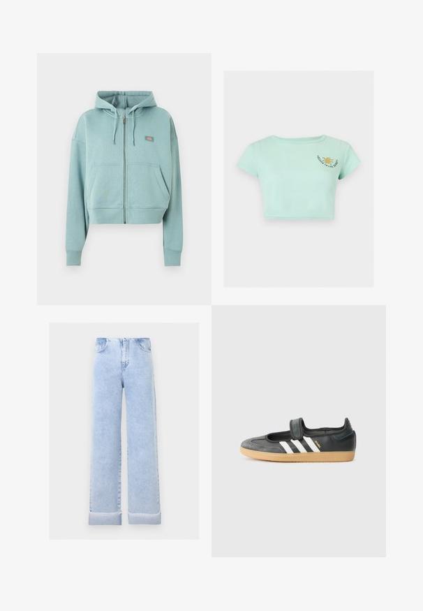 Sweat à capuche zippé bleu clair avec poches avant, capuche à cordon et petite écusson logo rectangulaire sur la poitrine.; T-shirt court côtelé vert menthe avec manches courtes et un petit graphique de soleil jaune avec texte sur le haut gauche de la poitrine.; Jean large bleu clair avec revers roulés et poches avant, présenté sur un fond gris clair uni.; Sneaker en cuir noir et suède avec une sangle Velcro, arborant trois bandes blanches et une semelle en caoutchouc, étiqueté "SAMBA" sur le côté.