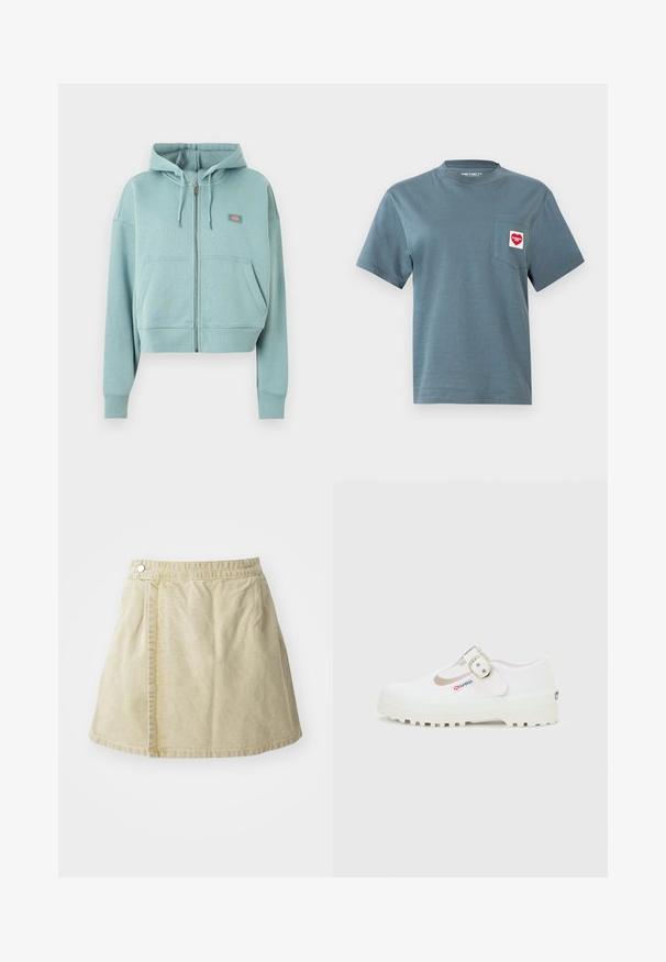 Hellblauer Kapuzenpullover mit Reißverschluss, Fronttaschen, Kordelzug in der Kapuze und kleinem rechteckigem Logopatch auf der Brust.; Blaues T-Shirt mit kurzen Ärmeln und rundem Hals, links auf der Brust mit einer Tasche versehen, die das rot-weiße herzförmige Carhartt WIP-Logo zeigt.; Khakifarbener Minirock aus weichem Stoff, mit seitlichem Knopfverschluss, glatter Textur und leicht ausgestellter Silhouette mit einem Saum oberhalb des Knies.; Weißer Mary Jane Schuh aus Canvas mit dicker profillierter Sohle und silberner Schnalle, an der Seite mit kleinem "Superga"-Etikett versehen.