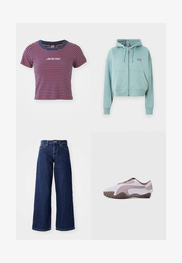 Lyseblå hættetrøje med lynlås, frontlommer, snørre i hætten og lille rektangulært logo på brystet.; Stripet kortærmet t-shirt i navy, rød og pink. Har en solid navy halsudskæring og broderet "SANTA CRUZ" logo på fronten.; Mørkeblå vide jeans lavet af denim, med knap- og lynlåslukning, bæltesløjfer og klassisk fem-lomme design.; Lysegrå atletiksko med blødt ruskindsoverdel, gummisål med teksturerede pigge og fleksibelt design. Sidelogo i en mørkere nuance.